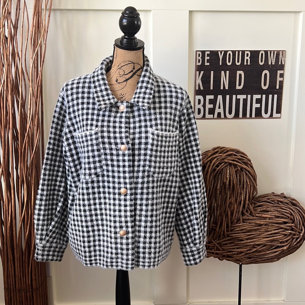 Max Studio Black and White Checked Sweater/Jacket with Gold Tone Buttoned Front